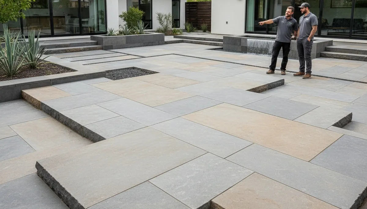 Modern large stone paver patio installation by Chop Chop Landscaping in Salt Lake City, Utah